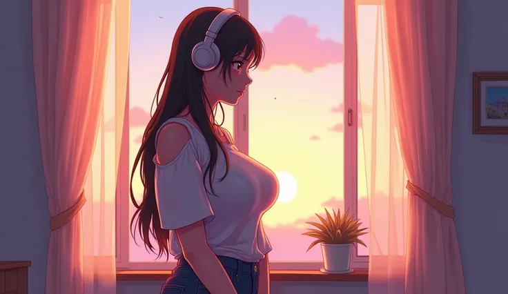 Perfect image、8k、early morning、bright、high school girl、Big Breasts、Mature、Using headphones、Open the curtains、 2D-style animation, Lo-Fi、Retro、Anime style illustrations