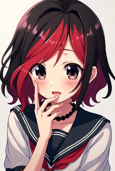 A picture of a girl in haikyuu with red and black hair fukurodani uniform with a black necklace big black eyes pale skin 