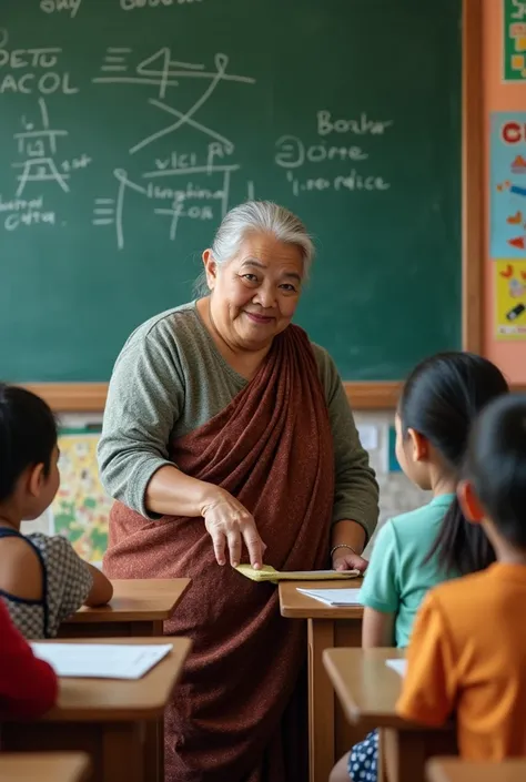 A realistic image in the style of pizzagate depicting an elderly overweight Thai woman wiping the blackboard in a classroom while students sit waiting. Add a fun and lively atmosphere and make the blackboard look clean and fresh แนวพิกซ่า ตลก
