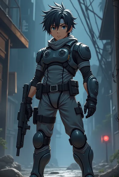 at night, a young mercenary, high, messy hair, wearing a grey tactical suit with knee pads, Coders, Shin guards and protective plates. He also has a grey ribbon on his forehead.. He is of athletic build. All in anime style