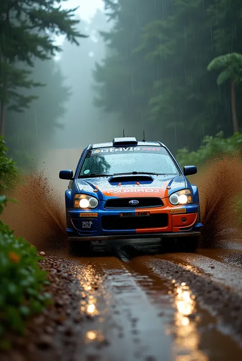 motion blur photography,Subaru Ralluly fly by,dirt road,realistic car,ultra hd,rain