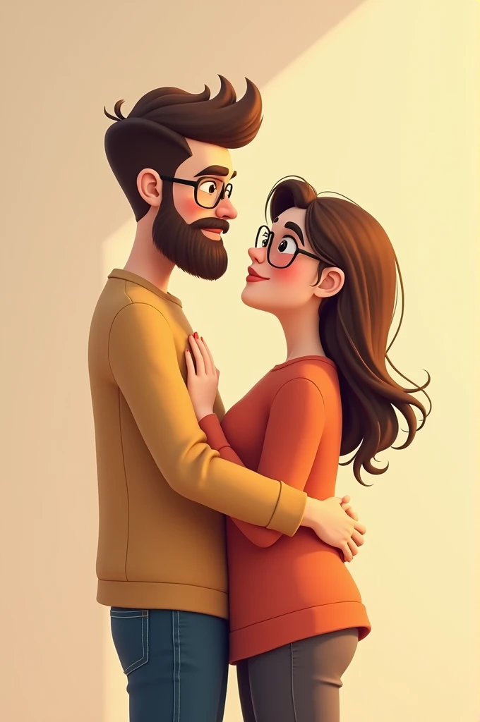 Make a couple picture in which boy is tall and quite slim.. and girl is a fat and small in height ,her hesd is near to boys chest.. she looks cute
. And boy having shaved beard and also that both of having spectacles. Make a cute picture of both of them