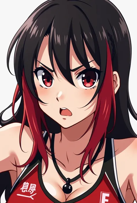 A picture of a girl in haikyuu with red and black hair, fukurodani uniform with a black necklace, big black eyes, pale skin, longer hair, a little angry and wearing a volleyball uniform 