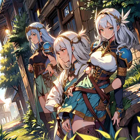 A group of female medieval fantasy adventurers, (in Outdoors), various hair styles, harem, grassland, details face, short skirt, seducing, sleeveless, armor