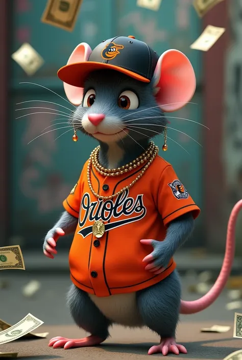 Rat dressed in an Orioles baseball shirt with 2 chains and a pair of earrings and a New Era cap throwing money