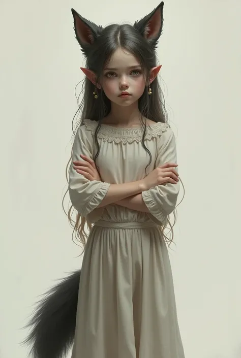 girl with wolf ears and tail looking forward with arms crossed full body 