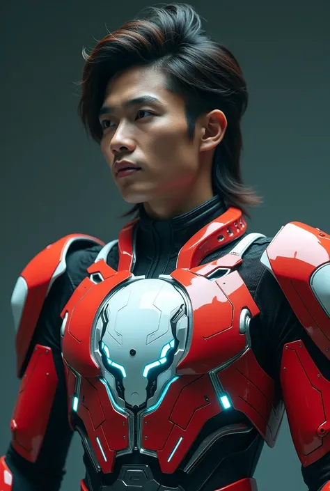 Cinematic Composition darkness A realistic photoshoot of an asian male model cosplaying as from usando uma armadura de exoesqueleto vermelho e branco, a robot face on the chest , malaysian mullet hair, detailed face and eyes, highy detailed, 8k, photorreal...