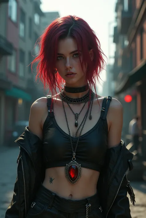 Urban Vampire Rebel: A modern-day girl with a rebellious attitude, sporting a punk-rock style. Her pale skin contrasts with her vibrant, dyed hair, and she wears a mix of leather, chains, and vampire-inspired accessories like a choker with a blood-red gem....