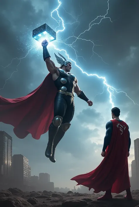 Thor is flying towards ground with his hammer which is full of energy and Superman is seeing this from ground only back view of Superman 