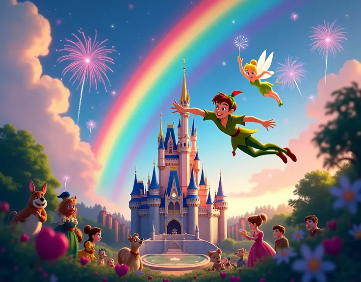 create image of walt disney castle with rainbow and fireworks, Peter Pan Flying, Tinker Bell with her magic wand flying and in front of her are Disney animated characters.