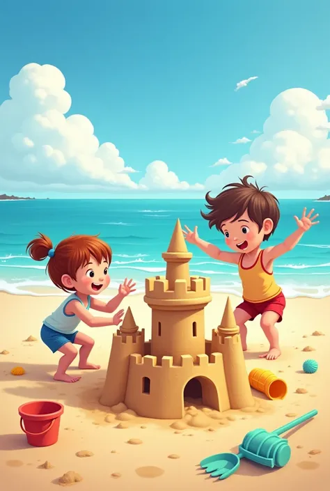 Please generate an image as a game sheet that reflects the following: The children are building a sandcastle on the beach.


