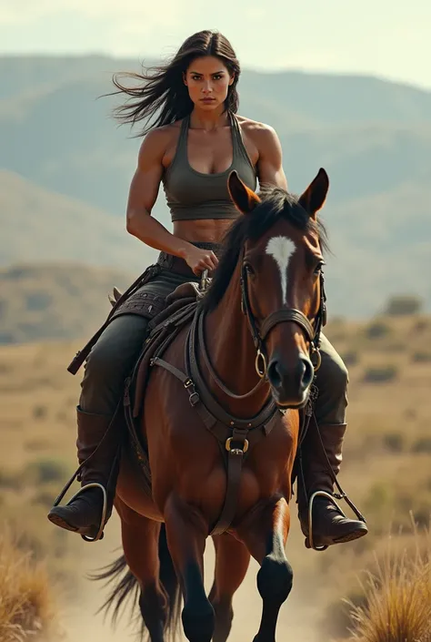 Muscular woman riding a horse