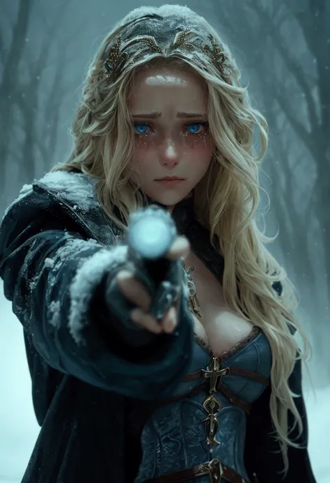 The image shows a young woman staring at the viewer. , surrounded by snowy and stormy weather . She has long golden hair, and a sad expression with tears in his eyes . Holding a shotgun pointed directly at the viewer. She wears a tight corset with multiple...