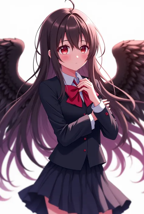 hica anime style Boku No Hero, The girl has long hair and scarlet red eyes along with raven wings on her back.. The girl is wearing the UA uniform and is looking at the camera. the background is white