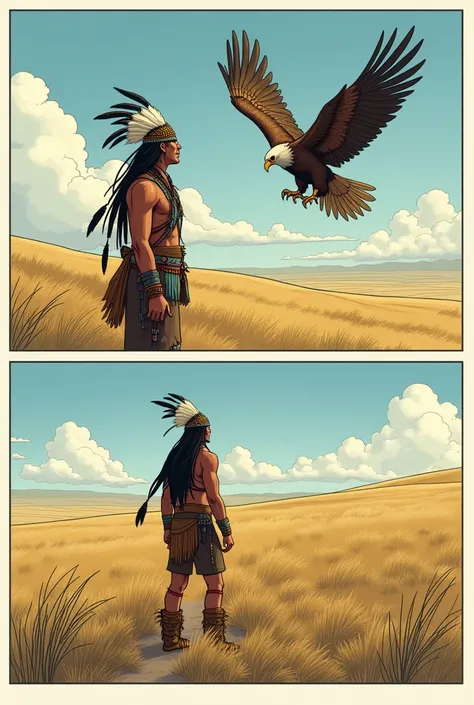 A comic about A sunrise in the northern prairies. Take off, dressed in his Sioux attire, Watch as an eagle swoops down towards him.)

eagle: "Take off, a great darkness is coming. You must join other guardians and protect our lands.."

Take off: "If destin...