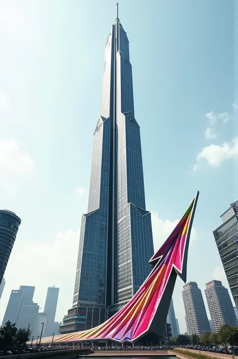 a large, modern building with a unique design, resembling a skyscraper. The building has a distinctive appearance, with its white and black color scheme. The exterior of the building is adorned with a rainbow pattern, making it visually striking. In the fo...