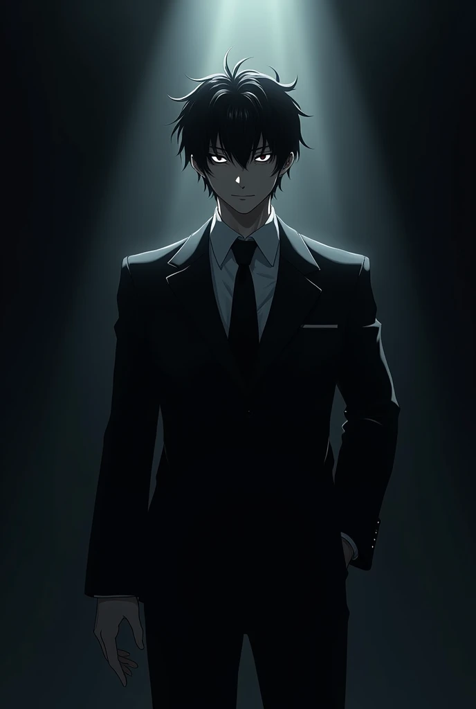 An anime guy who is wearing a business suit with black glowing eyes smiling emerging from the darkness