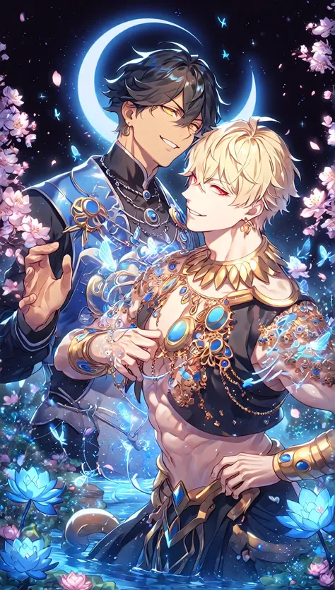 absurdres, highres, ultra detailed, HDR) master piece, best quality, extremely detailed, detailed face, detailed eyes, Gilgamesh, blonde hair, expressive red eyes, Fate Grand Order, Ozymandias, black hair, expressive yellow eyes, two sexy men together, gay...