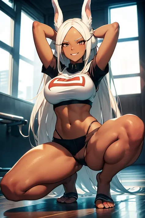 tall woman,  2 , red skin color,  long hair , bunny ears,  big boobies ,roupa de academy , black short shorts , white top , doing squats , barefoot,  hands behind head,gloves on the hands  , perspiring , Grinning , work of art , impeccable details , 1 girl...