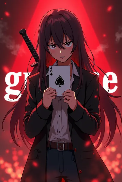 anime girl, fierce, fire, red background, white stylish text at background "Grace", swords at back, smoking cigarettes, full shirt, long hair, ace of spades in hands