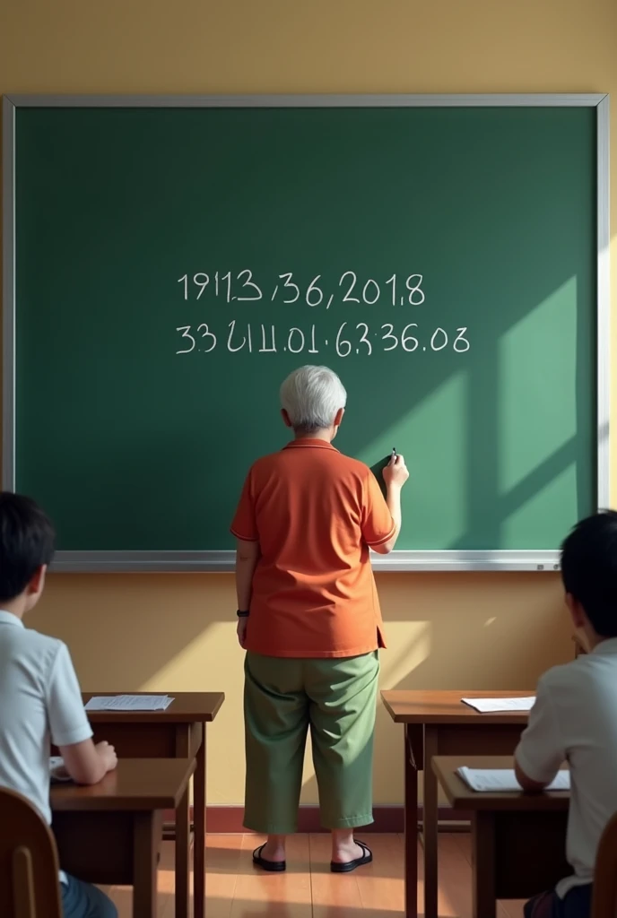 Realistic &#39;pizzagate&#39; style image shows overweight elderly Thai woman writing the number 20...23...13..60...013...023. Put it on the blackboard in the classroom while students are waiting. It adds a fun and lively atmosphere and makes the blackboar...