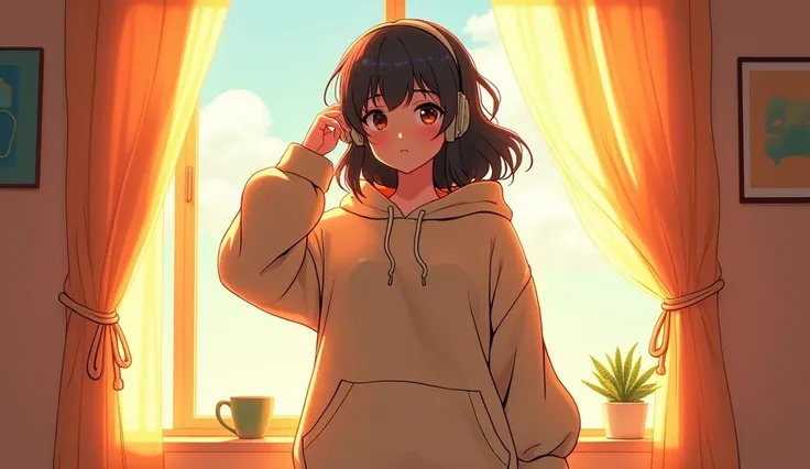 Perfect image、8k、early morning、bright、high school girl、Big Breasts、Mature、Using headphones、Wearing a hoodie、Open the curtains、 2D-style animation, Lo-Fi、Retro、Anime style illustrations