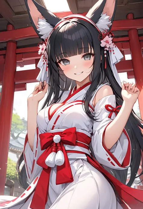 (sweet love style), (pov, frontale), (hand holding a broom)(solo:2, 15 yo) (beautiful detailed blunt bangs:1.3) (beautiful black hair long hair) (best cute shrine maiden fox girl) (best grow eyes sexy gray eyes) (cute ecstasy smile) (detailed fox ears), (s...