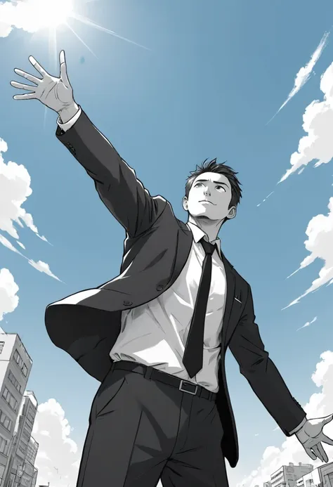 male、suit、businessman、black and white、extend your fingers in the direction of travel、manga style、low - angle、blue sky