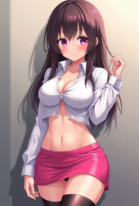 Anime girl 1, slightly long hair, White skin, pink eyes dark brown straight hair, big thighs, attractive and sexy look, with a white short shirt, short pink skirt that reveals her thighs and long black panties, standing