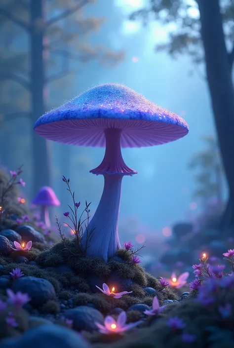 Image:
bottom: A natural landscape, like a mystical forest at sunrise or a foggy mountain scene. This type of image evokes a sense of mystery and connection with nature..
Central Element: A stylized mushroom, which could be shades of blue or purple, that s...