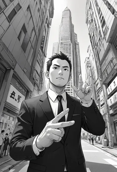 male、suit、businessman、black and white、point your finger in the direction of travel、manga style、low - angle、null、building、a sharp...