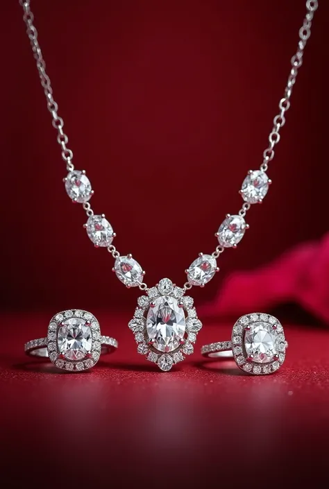 Create a picture of real diamond jewelry, with beautiful diamond sparkles, with a necklace, earrings, and a matching ring, a wide-faced piece in a beautiful, white gold frame, an 8k resolution image to be enlarged to a size of 40×60 cm, a RED-toned backgro...