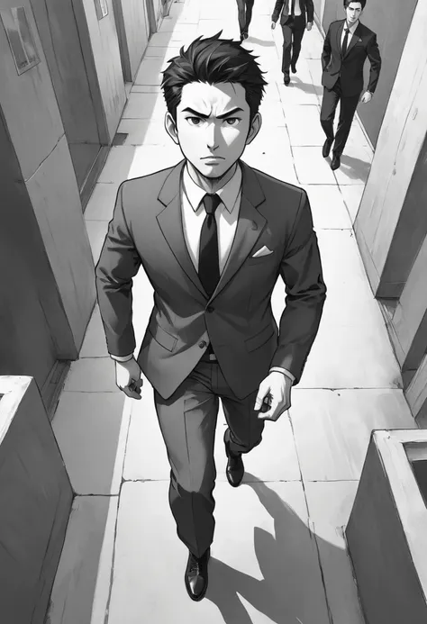 male、suit、Businessman、Black and White、Manga style、High angle、Run