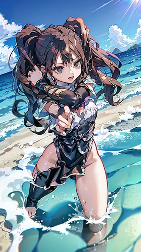 dragon ball,kamehame_wave,kamehameha_kamehame_ha,tone,/(kantai_collection/),(((having fun splashing around in the water at the b...