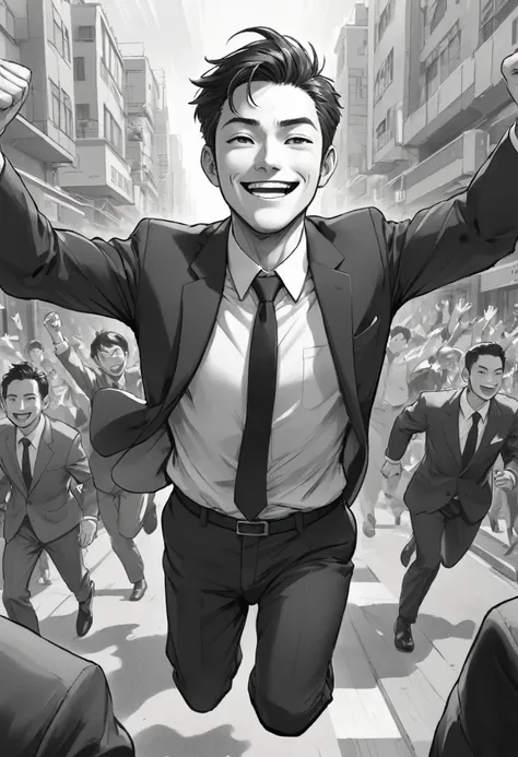 male、suit、Businessman、Black and White、Manga style、High angle、Highlight on eyes、Running towards here、smile、profile、Swing your arms wide