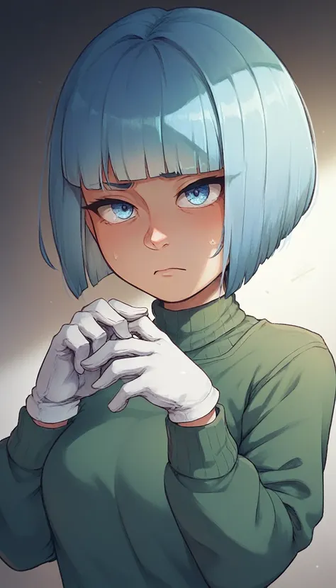 kizi, hair light blue, short hair bob cut, with bangs, green sweater, expression of sadness, depressive, eyes large, whitegloves...