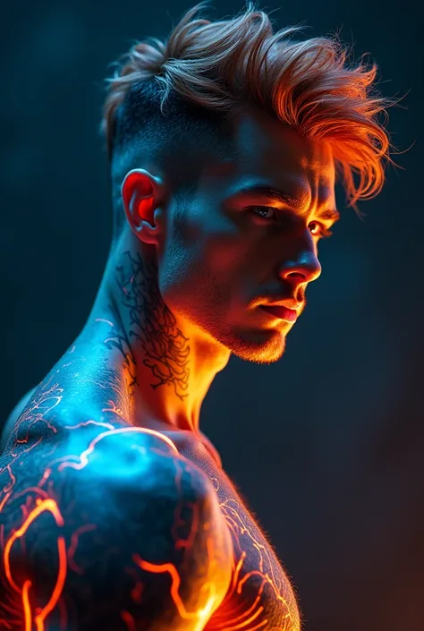 a man with glowing tattoos on his body, inspired by Mike Winkelmann, digital art, strong blue and orange colors, portait photo profile picture, profile picture 1024px, handsome detailed face, fiery coloring, darksynth character portrait, altered carbon sty...