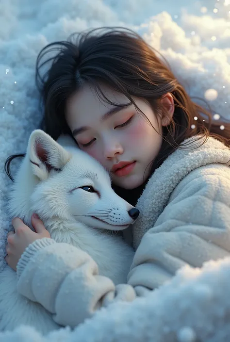 realistic picture (very realistic),A young woman lying on a bed of snow、with a snow fox,Looking at me with a relaxed expression、She is wearing winter clothes over her。The light penetrates gently、Gives a beautiful highlight to her skin.。Her hair falls natur...