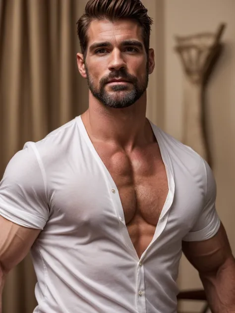 hair, portrait of a ruggedly handsome assassin, muscular, half body, masculine, mature, Retrato de un joven, Muscular very handsome and attractive spanis men, A 40 years old male, Retrato de un joven, real, ( Man in the history ), business white shirt 