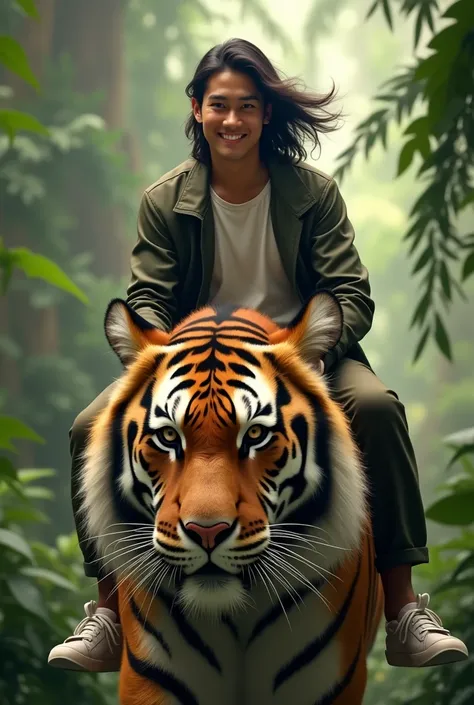 1 laki laki tampan asian inonesia adult man,senyum,rambut panjang tertiup angin.wear a t-shirt,jaket,dan velana panjang.white shoes. riding a giant tiger in the jungle, very big tiger, tampak depan, facial details.
