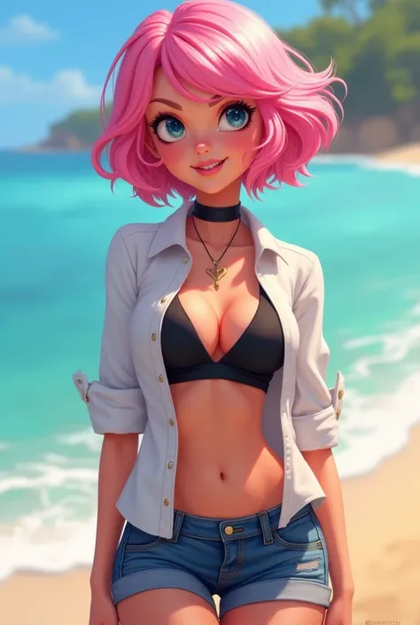 Alix kubdel - Miraculous Ladybug with pink hair, short and wavy with an open white shirt, black bra and denim shorts In the beach