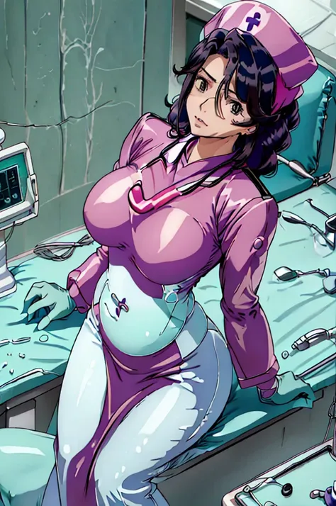 nurse uniform,hospital, latex nurse suit,nurses,busty,elbow gloves,labcoat,black hair woman,pink eyes , gigantic ,medical instru...