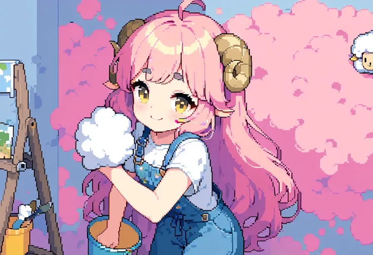 (((highest quality, 8k, masterpiece: 1.3)), beautiful pixel art, ((one woman)), pink long hair, fluffy hair, thick eyebrows, whi...