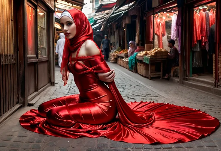 a woman shrouded in 9 meters of red silk shimmer, tight wrapped from the waist to the thighs and mermaid shape on the bottom of ...