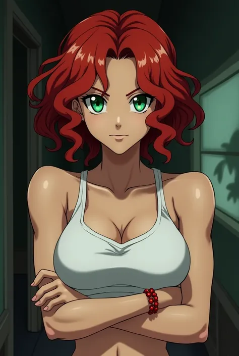 Jolyne Kujo, Remain confident, her flaming red hair styled in tight curls, frame your gentle face, but determined. Her emerald green eyes shine brightly, a small smile playing at the corners of his lips. She wears a white top sex , revealing the delicate l...