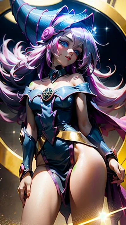 hyperrealistic portrait of a young dark magician girl with a mischievous expression. she wears only a negligee that highlights h...