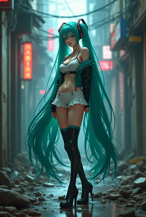 A high-resolution, ultra-detailed, actual), Miku Hatsune, (Ruined Alley Tokyo cyberpunk dungeon ruins background:1.4 ), big breasts, dynamic pose, (green hair twin tails),(short white mini skirt:1.4), very long hair), Put your arms behind your back, (Beaut...