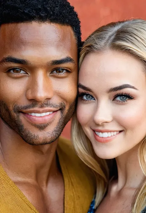 Caucasian English actress/model Hannah Dodd and a handsome African American male whose facial features are a combo of Lucien Laviscount + Broderick Hunter + Rege-Jean Page pose together for a photo. Both are smiling. Both are attired attractively but casua...