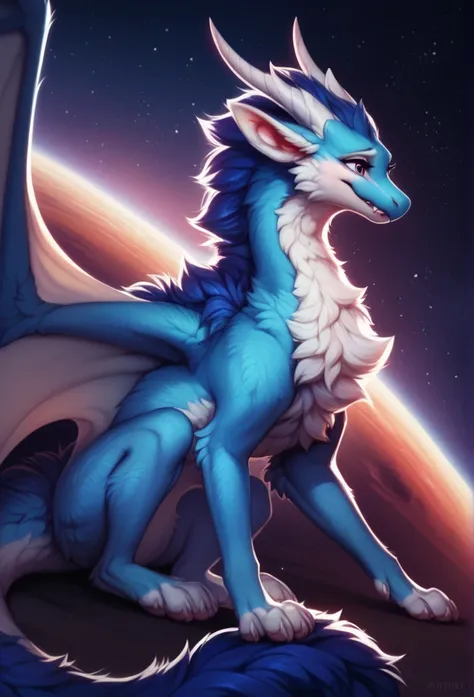 furry art, feral, furred dragon, female, full body, white and blue fur, thicc, wings, horns, tail, chest fluff, paws, fangs,  to...