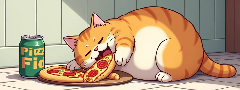 It says "Hey." A fat cat is lying down eating pizza and coke, (anime manga cartoon illustration)-style